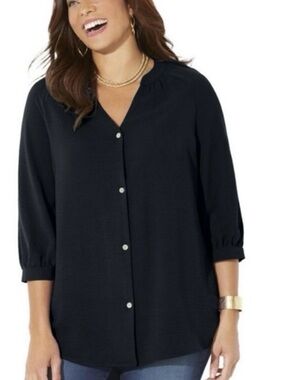 Catherines black button up shirt Size 3X Petite Loose fit blouse Classic Relaxed